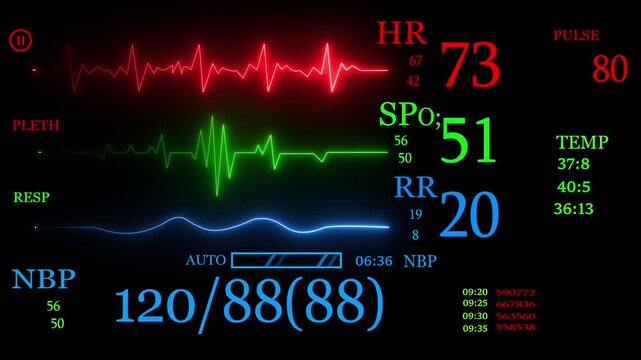 ICU medical monitor, irregular heartbeat. EKG monitor in ICU unit show The waves of blood pressure, blood oxygen saturation, ECG ,heart rate. New emergency 4k animation.