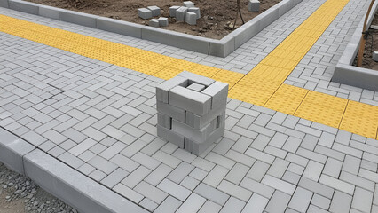 Construction site showing paving stones, tactile paving, and a cube-shaped structure.