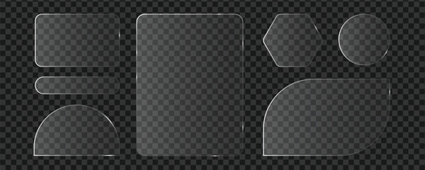 Transparent geometric glass panel shapes set with glossy reflections for modern ui design.