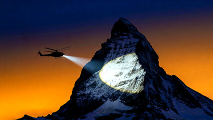 Matterhorn mountain peak helicopter rescue searchlight snow ice sunset dusk alpine landscape tourism travel adventure exploration aerial view flight altitude danger emergency safety security