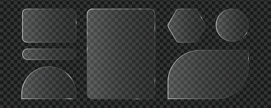 Transparent geometric glass panel shapes set with glossy reflections for modern ui design.