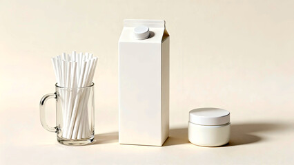 Straws glass milk carton container packaging white minimalist clean simple product beverage drink liquid paper cardboard lid cap mockup blank template design branding eco friendly