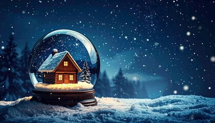 A snow globe with a cozy cabin scene amidst a snowy landscape