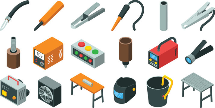 Isometric welding tool illustration set with welding machines, electrodes, clamps, protective gear, workshop equipment, industrial vector icons for fabrication work