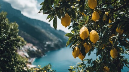 Ripe citrus fruit clusters hang heavy from branches overlooking a coastal mountain landscape