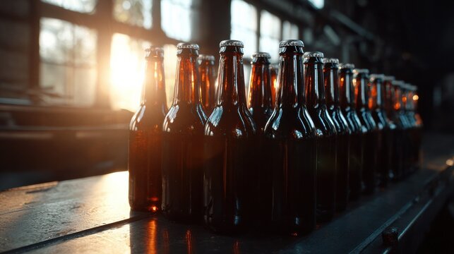 Bottles of Beer on Production Line in Brewery With Sunlight Shining Through Windows in Background During Evening Hours - Powered by Adobe