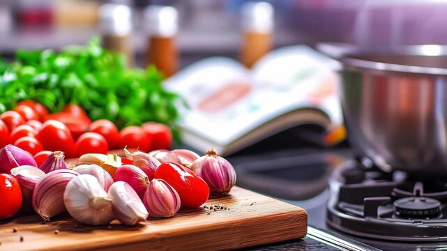 Fresh garlic cherry tomato basil parsley cutting board kitchen cookbook stove saucepan cooking create vibrant home cooking scene with cozy warmth