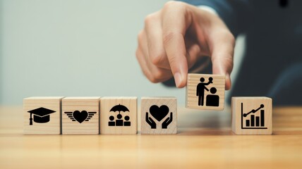 Building a Foundation of Well-being: A hand carefully places a block representing care and support, symbolizing building a foundation for success, stability, and growth.