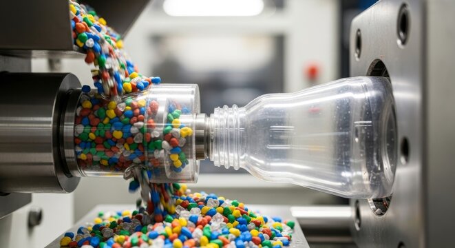 Manufacturing process of a plastic bottle using colorful recycled polymer granules in a factory machine.