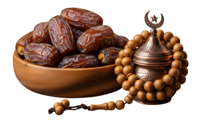 Dates in bowl with tasbih isolated on transparent background