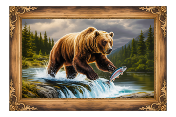 Grizzly bear catching a salmon in a river dramatic wildlife  framed artwork PNG cutout.