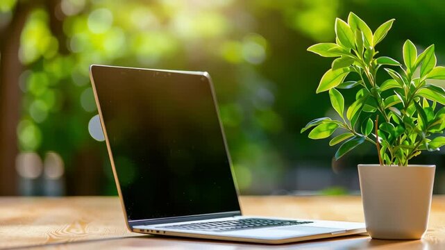 Eco workspace laptop with green plant, leaf foliage in pot on wooden desk table, natural light outdoor office minimal design technology wood workspace