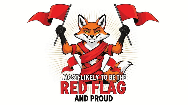 Mischievous cartoon fox holding two red flags with funny "Most Likely to be the Red Flag and Proud" quote