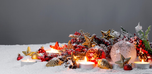 Christmas balls on snow background