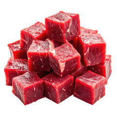 Diced beef cubes stacked. Rich red color, some visible fat