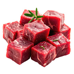 Diced beef cubes piled high with rosemary sprigs. Fresh and raw