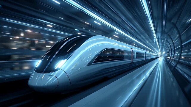 A high-speed futuristic train propels through an illuminated tunnel, showcasing advanced technology and rapid transportation innovation