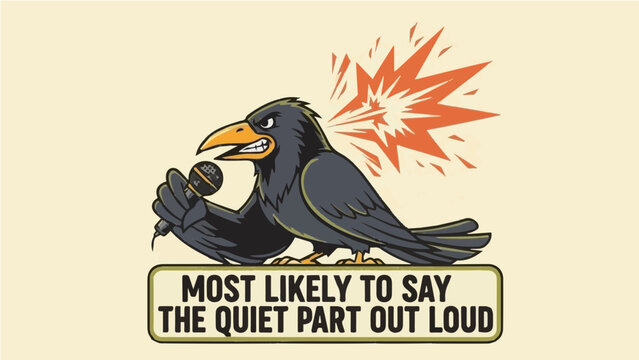 Funny cartoon crow holding microphone with "Most Likely to Say The Quiet Part Out Loud" quote illustration