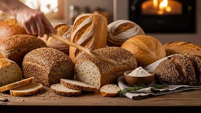 A rustic display of various artisanal breads on a wooden table with baking ingredients in the background