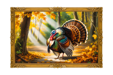 Turkey in a golden frame walking through an autumn forest a seasonal Thanksgiving art piece