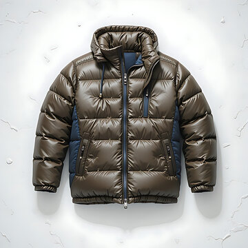 A stylish grey hooded parka, with a prominent front zipper and textured fabric, hangs centrally against a stark white wall. The minimalist, clean background creates a strong contrast, allowing the jac