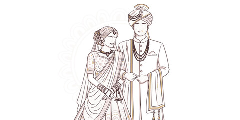 Fototapeta premium A beautifully crafted illustration of an Indian bride and groom in traditional attire, featuring clean lines and soft color gradients