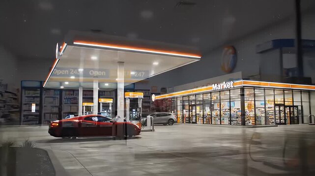 Modern Gas Station At Dusk With Cars Under Illuminated Canopy And Brightly Lit Convenience Store Interior Showing Shelves Stocked With Products