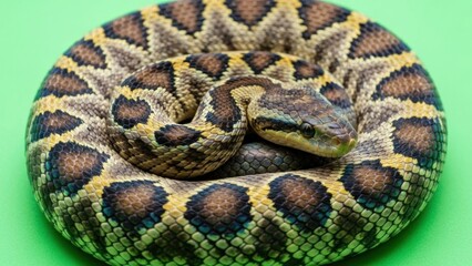 Coiled Snake on Green: Detailed Close-Up of Reptilian Skin and Eye.