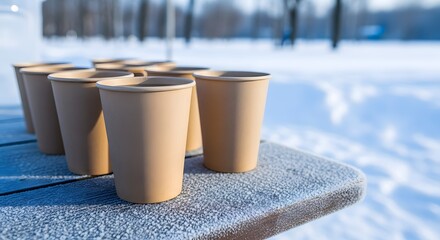 Close up of paper cups arranged on a frosty table at an outdoor water station for winter marathon race hydration concept and support