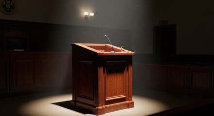 Courtroom Podium Spotlight: Wooden Lectern with Microphone and Glass of Water