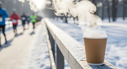 Steaming hot tea in paper cup on frosty railing, with blurred winter marathon race runners in snowy park, representing a cold weather endurance concept