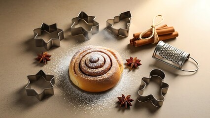 Inviting cinnamon roll with spice and festive cookie cutters for heartwarming holiday baking projects, evoking joyful memories and delicious seasonal treats