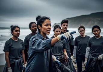 Dedicated young volunteers conducting a leadership-driven beach cleanup on a cloudy day