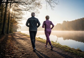 Senior couple jogging on a serene path beside a misty lake in golden autumn morning light