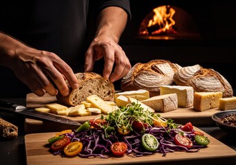 Man Slicing Freshly Baked Artisan Bread with Various Cheeses and Rustic Wood Fired Oven
