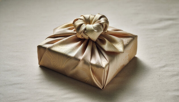 한국전통 자수가 새겨진 금색 실크 보자기 선물 포장