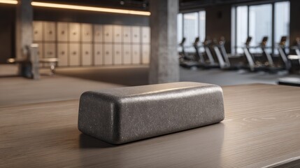 Sports Protein Bar on a Steel Podium in a Gym Locker Room Setting During Workout Hours With Blurred Background of Lockers