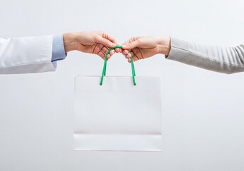 Professional exchanging a blank white paper bag with green handles to a client