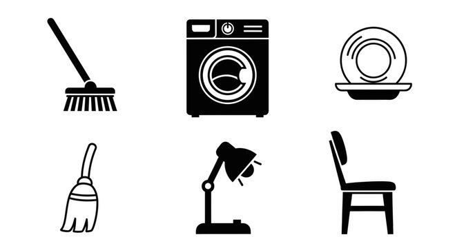 Modern home essentials icons representing cleaning, laundry, dining, and comfort for everyday living and design projects