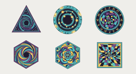 Mystical geometric emblems and sacred symbols in vibrant, ethereal colors evoke ancient magic and cosmic wonder for unique designs. © rohmat