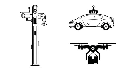 Futuristic technology concepts showcase smart city surveillance, AI autonomous vehicles, and drone delivery systems