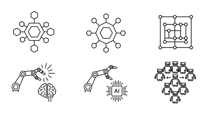 Dynamic AI and robotics icons representing innovation, automation, and complex systems for modern technology concepts and future business development.