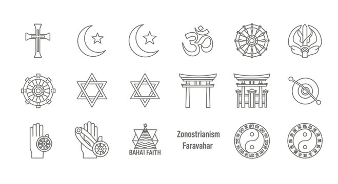 Diverse global faith symbols collection featuring cross, crescent, Om, Dharma wheel, Star of David, Torii gate, and more for spiritual understanding