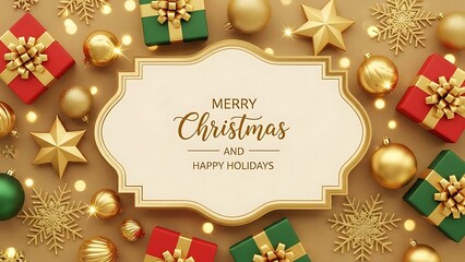 Festive Christmas and Happy Holidays gift boxes, baubles, and snowflakes on a warm, glowing background