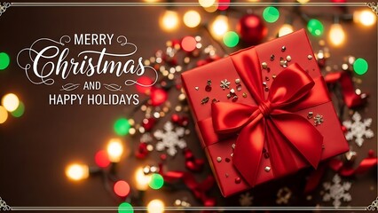 A festive holiday scene featuring a beautifully wrapped red gift box with a large bow, surrounded by glowing Christmas lights and delicate snowflakes