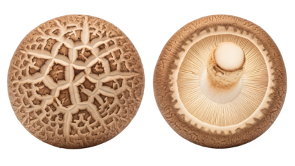 Shiitake mushroom whole and cross section isolated on transparent background