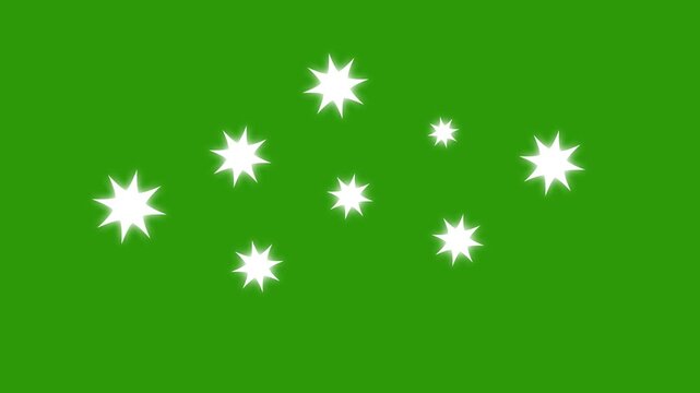 Twinkle sparkling star animaton, Sparkling twinkle star motion, white cartoon doodle glitter stars, flat vector blinking light effects, glowing animation on green screen, 4k night sky festive video 