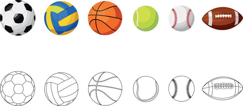 Set of colorful sport balls including soccer volleyball basketball tennis baseball and football with outline versions