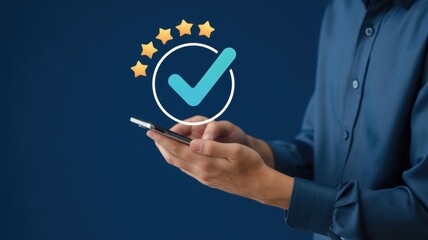 Customer Satisfaction Review: A hand interacts with a smartphone against a rich backdrop, interacting with the review, demonstrating the pursuit of excellence and the commitment to satisfaction.