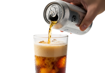 Hand pouring cold carbonated drink from wet aluminum can into glass with ice, creating foam